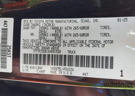 2025 Toyota Tundra Hybrid 1794 Edition Crewmax 5.5' Bed z USA, uszkodzony, nr VIN 5TFMC5DB1SX091520